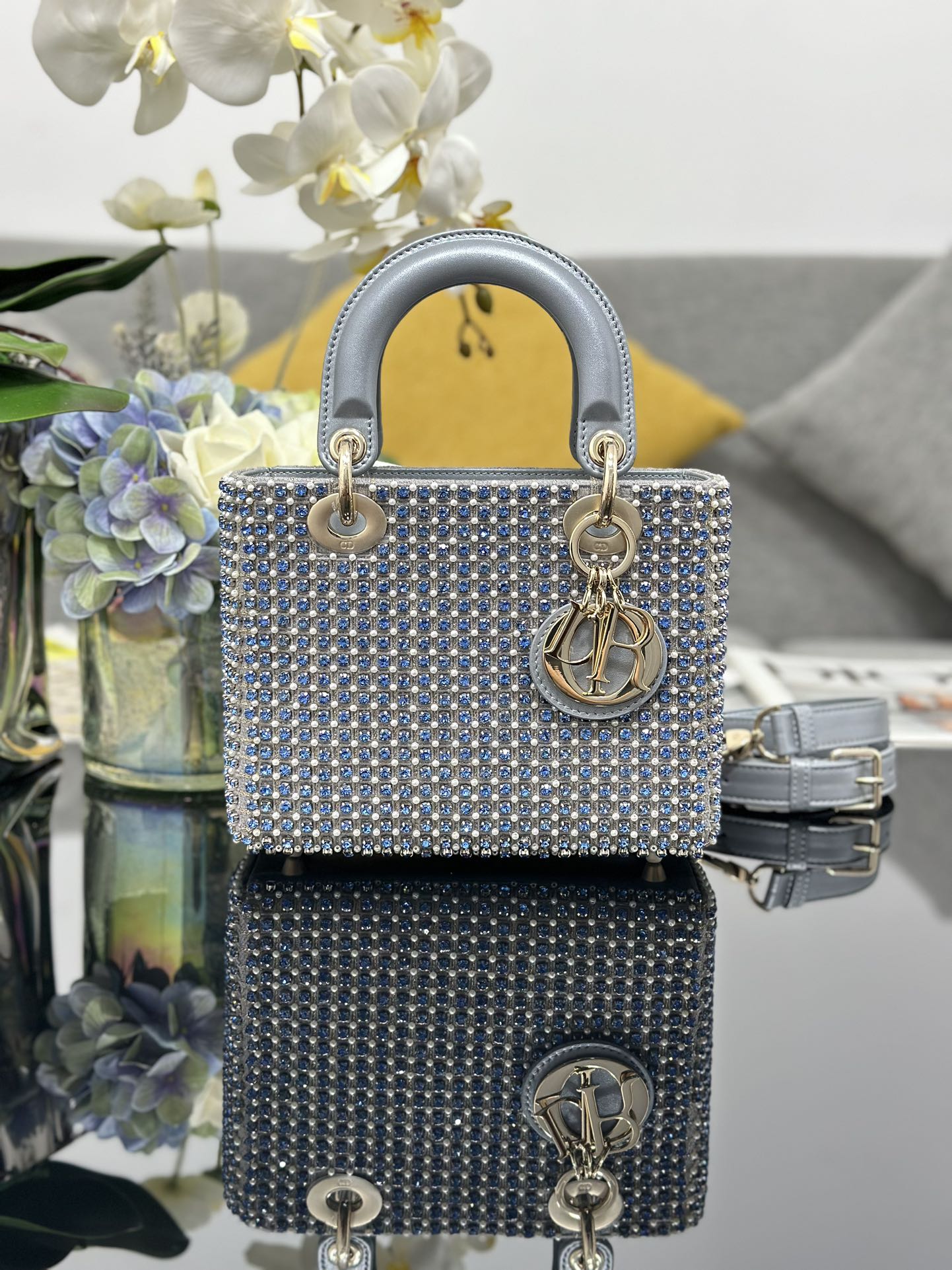 Small Lady Dior Bag Gray Satin Embroidered with Blue Diamond